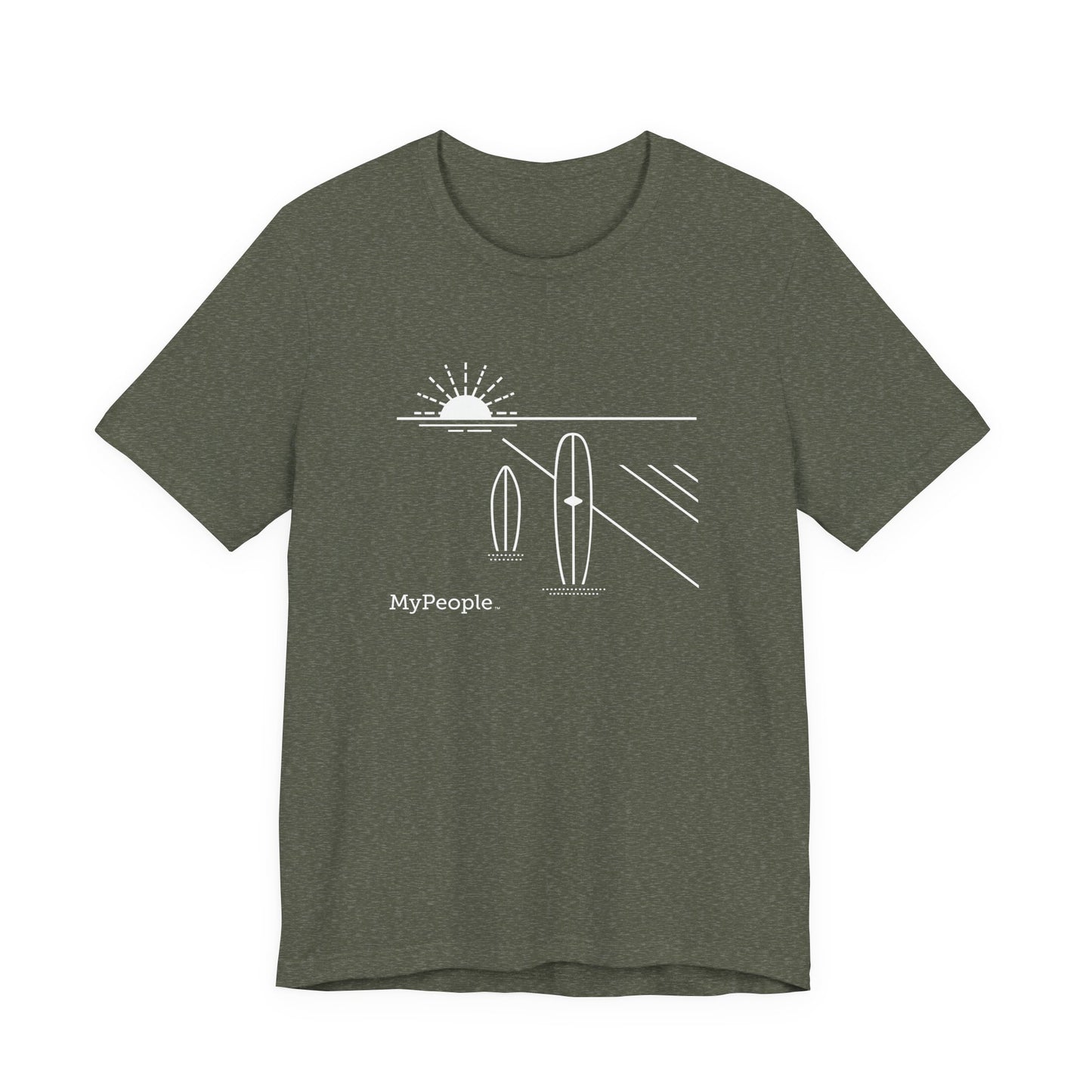 Line illustration of two surfboards standing upright in the sand with a setting sun, with the word MyPeople underneath on a unisex garment.