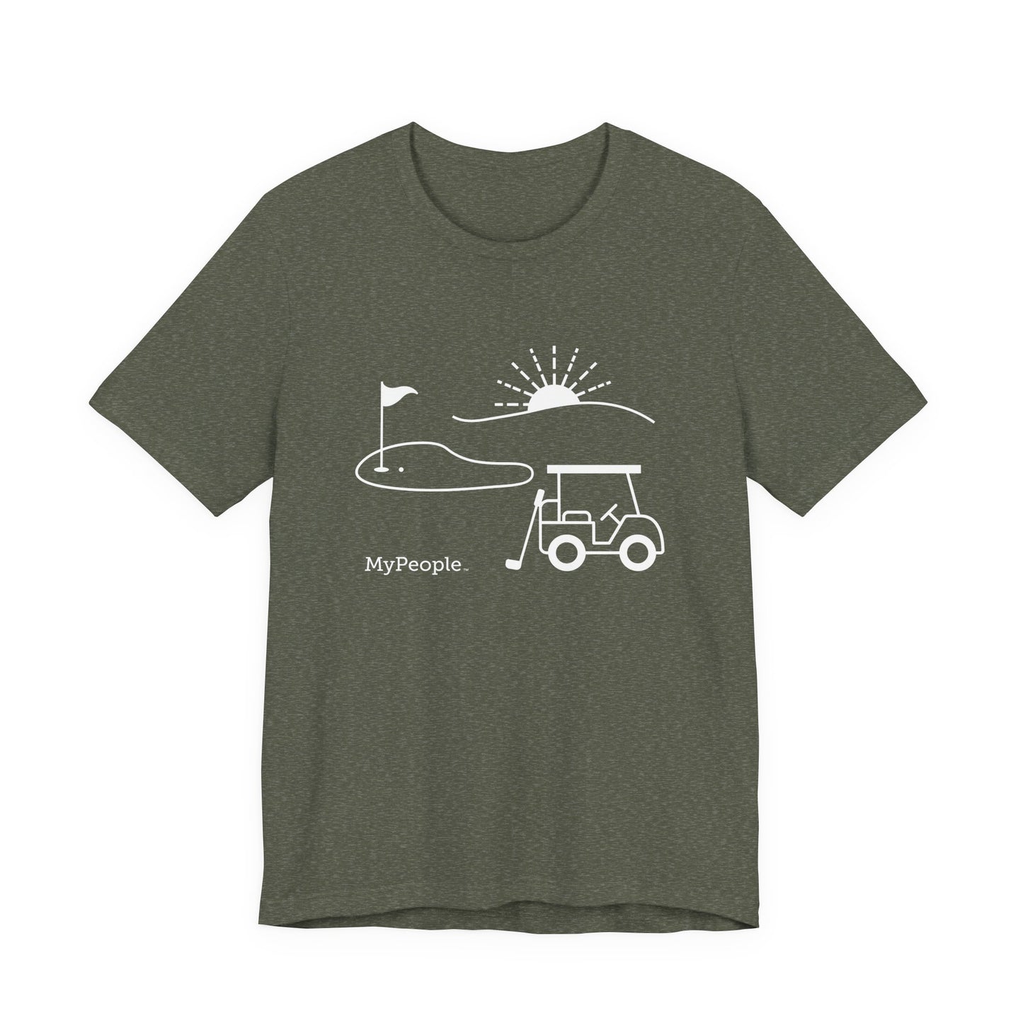 Line illustration of a golf cart, club, and green with a setting sun, with the word MyPeople underneath on a unisex garment.