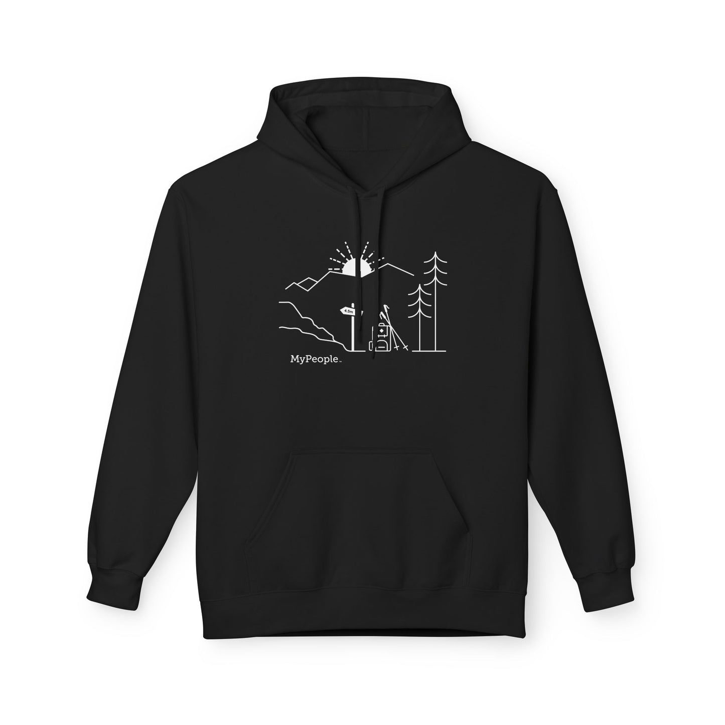 line illustration of a backpack and hiking poles beside a trail sign, with a tree, mountains, and a setting sun, with the word MyPeople underneath on a unisex hoodie.