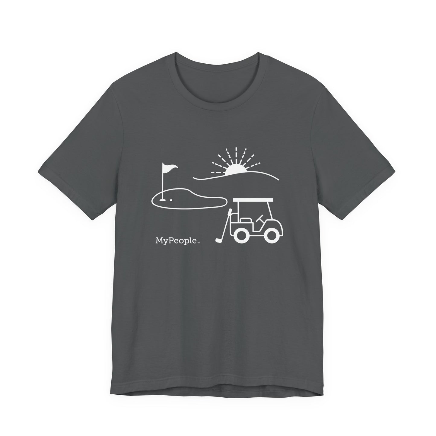 Line illustration of a golf cart, club, and green with a setting sun, with the word MyPeople underneath on a unisex garment.