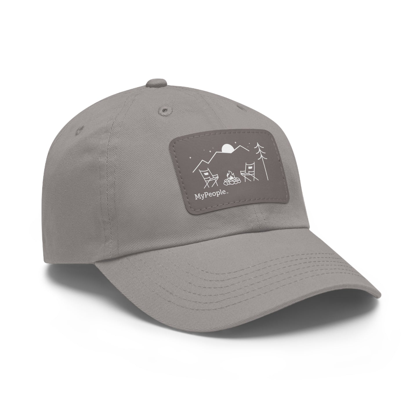 Angled view of a hat with a leather patch printed with the MyPeople Campfire line illustration.
