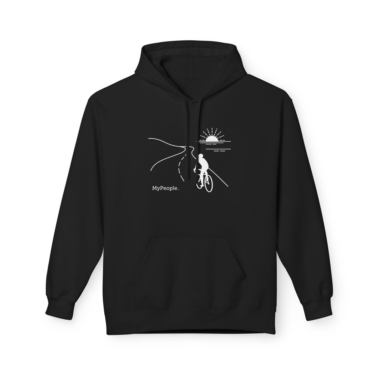 line illustration of a road cyclist riding along a highway with the sun setting over the ocean, with the word MyPeople underneath on a unisex hoodie.