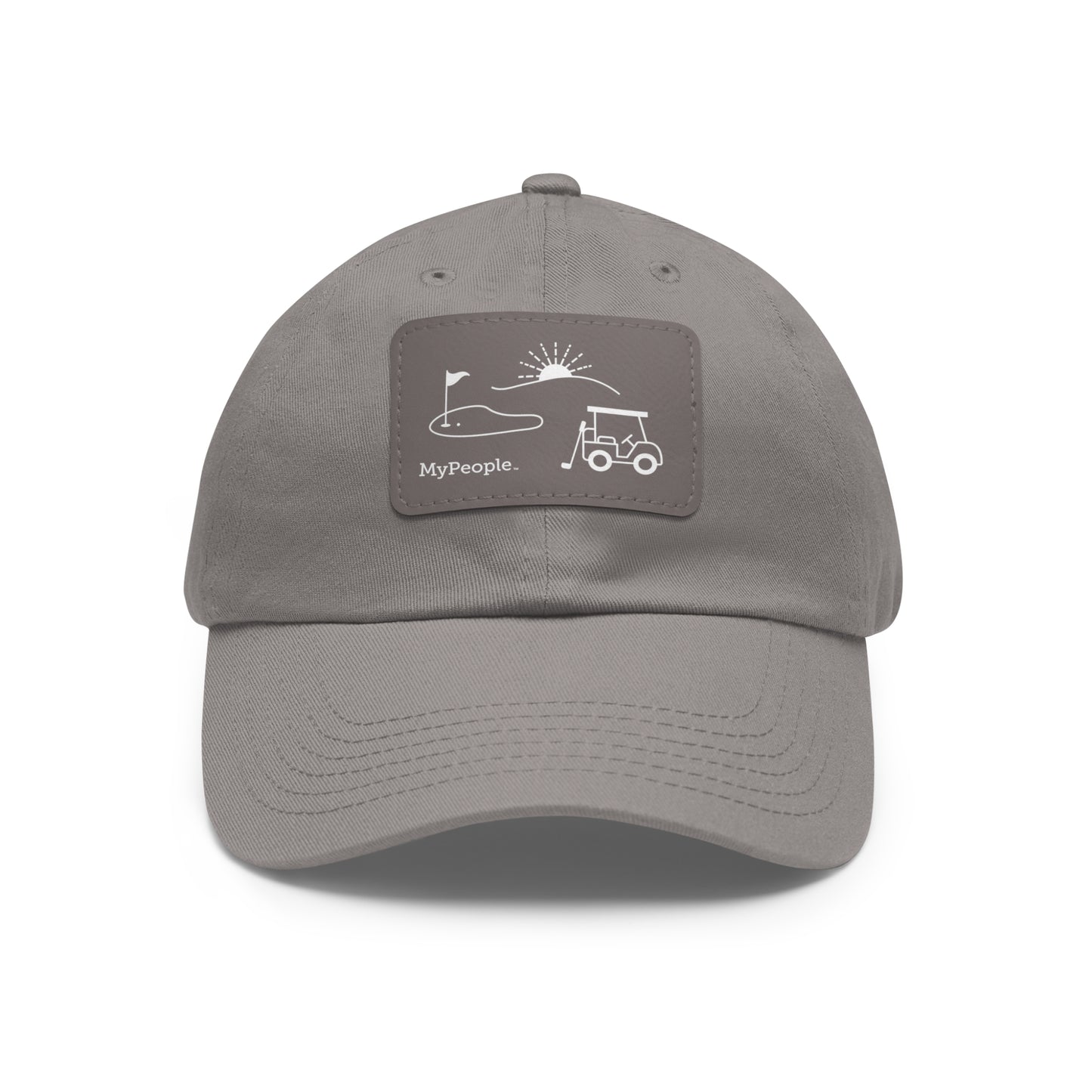 Hat with a leather patch printed with the MyPeople Golf line illustration.
