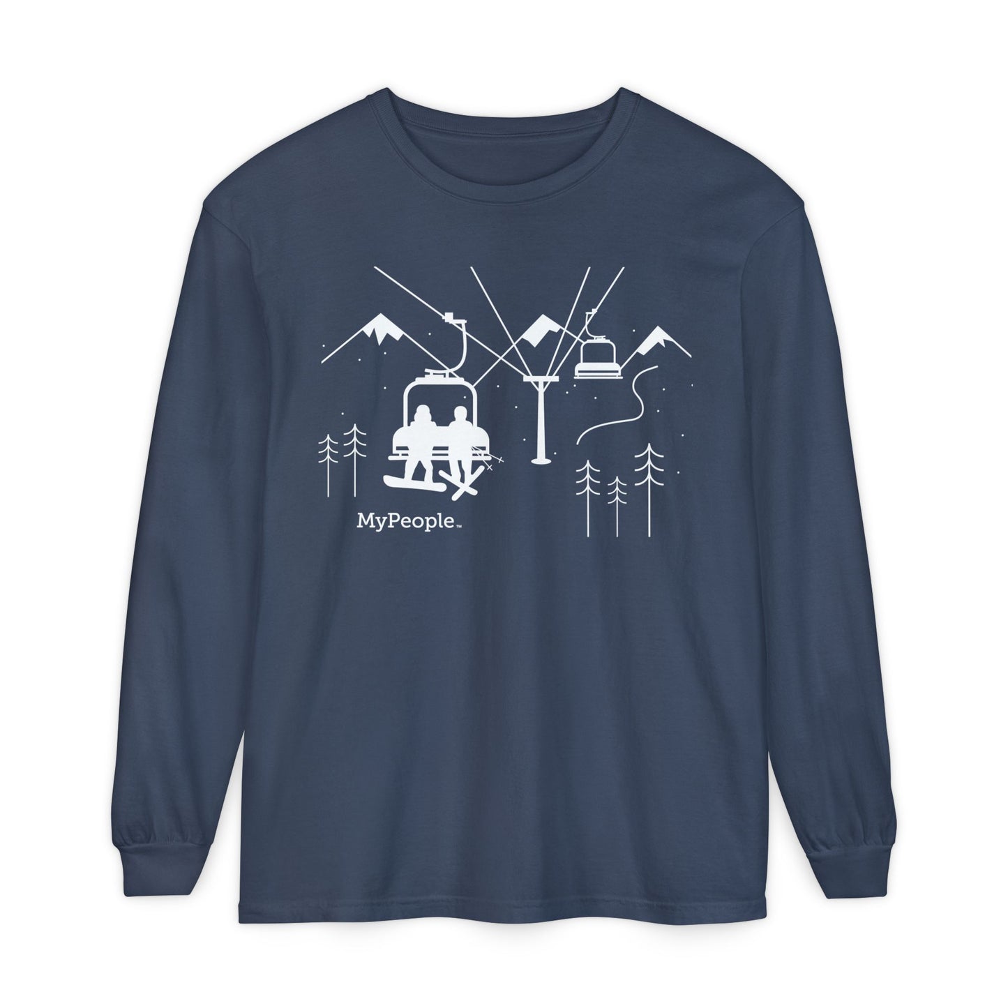 MyPeople Snowsports collection link featuring a line illustration of a snowboarder and skier on a chairlift with snowy peaks behind them.