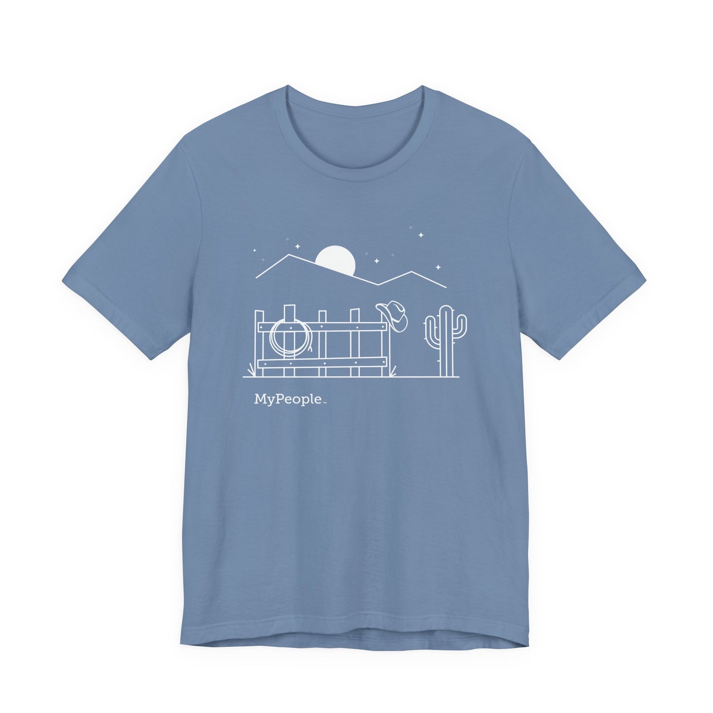 Line illustration of a fence with a cowboy hat, rope, and boots under a night sky, with the word MyPeople underneath on a unisex garment.