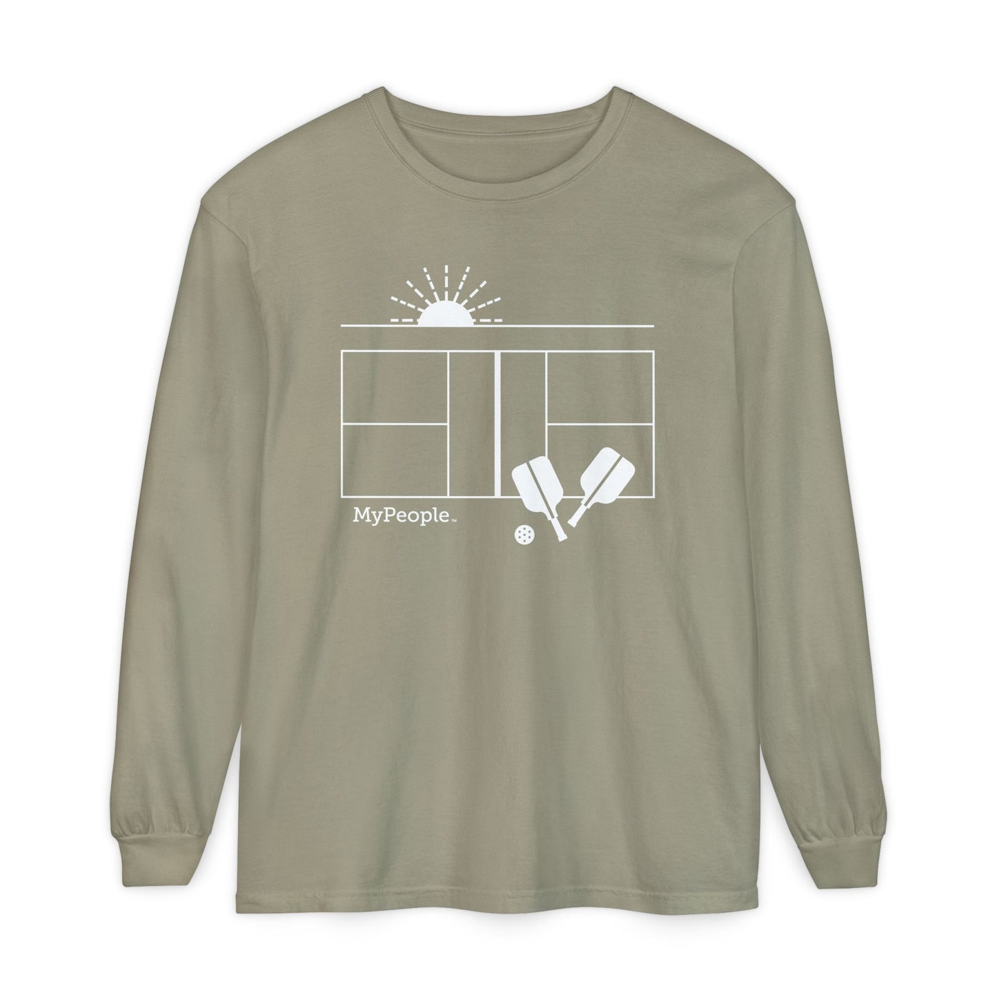 Line illustration of a pickleball court with paddles, a ball, and a setting sun, with the word MyPeople underneath on a unisex garment.