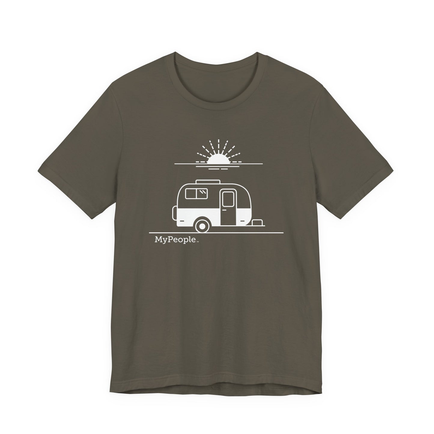 Line illustration of a vintage fiberglass trailer with a setting sun, with the word MyPeople underneath on a unisex garment.