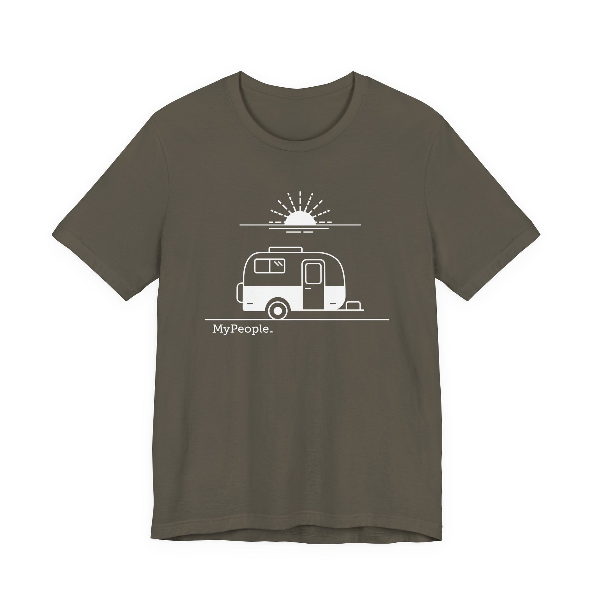 Line illustration of a vintage fiberglass trailer with a setting sun, with the word MyPeople underneath on a unisex garment.