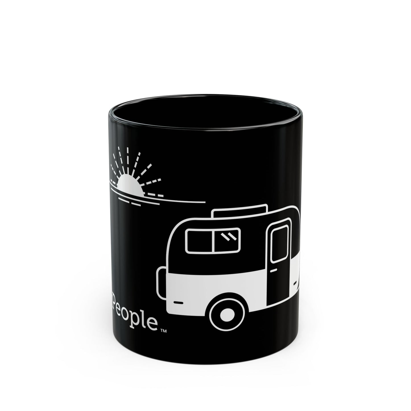 Line illustration of a classic vintage fiberglass trailer with a setting sun behind it, with the word MyPeople underneath printed on a ceramic mug.