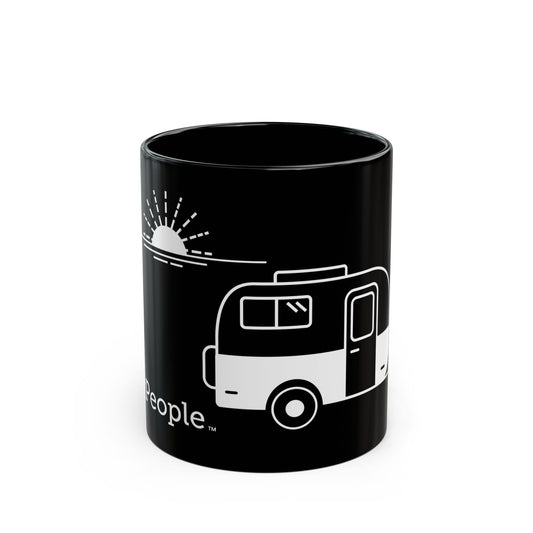 Line illustration of a classic vintage fiberglass trailer with a setting sun behind it, with the word MyPeople underneath printed on a ceramic mug.