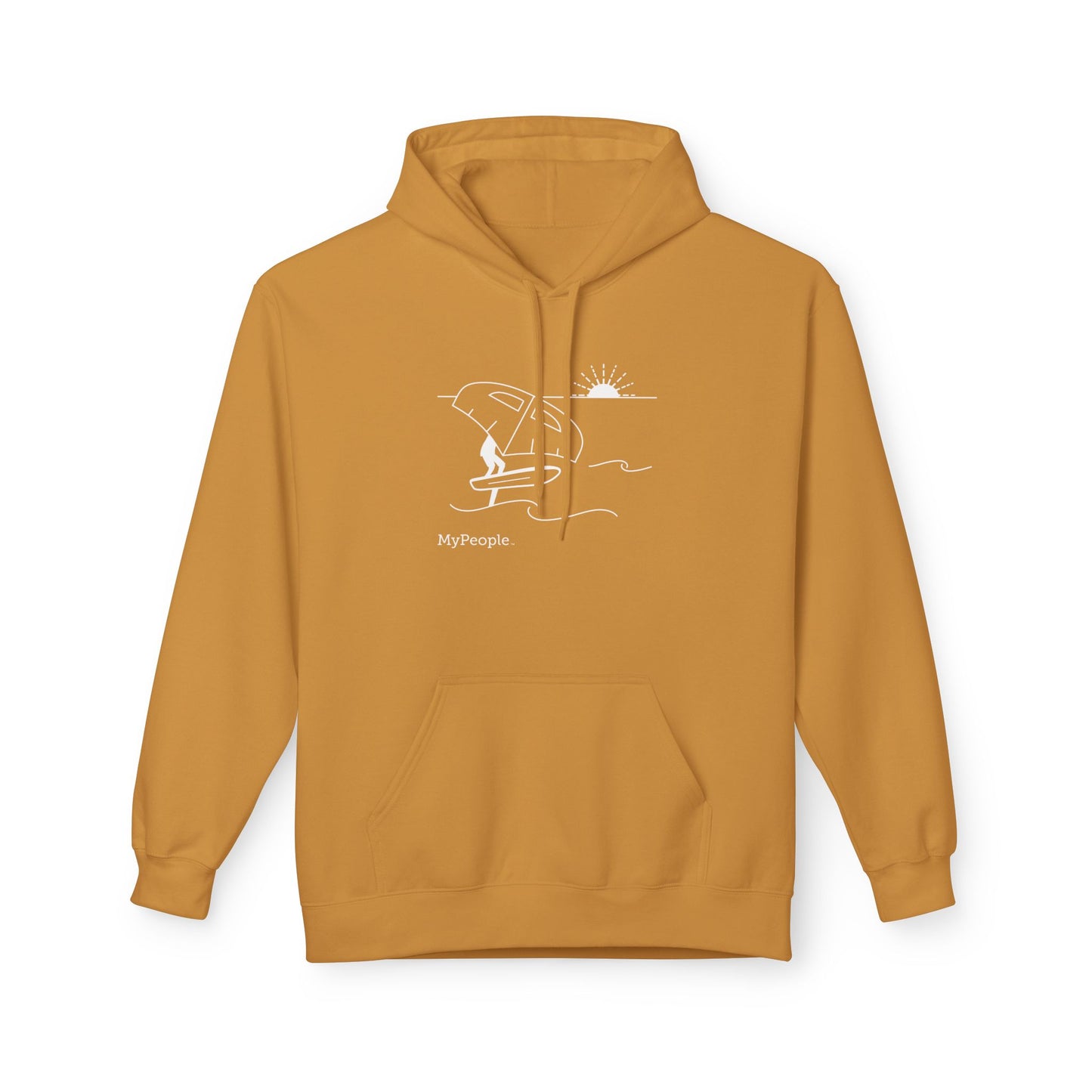 Line illustration of a person wing foiling on the water with a setting sun, with the word MyPeople underneath on a unisex garment.