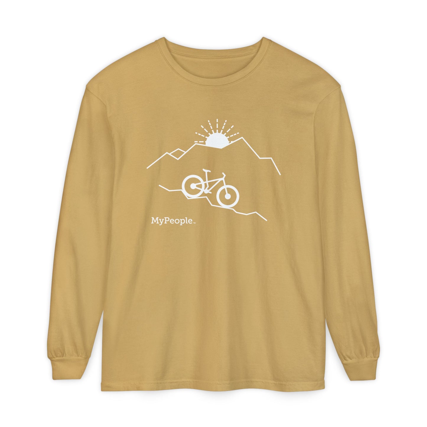 Line illustration of a mountain bike on a downhill slope with mountains and a setting sun, with the word MyPeople underneath on a unisex garment.