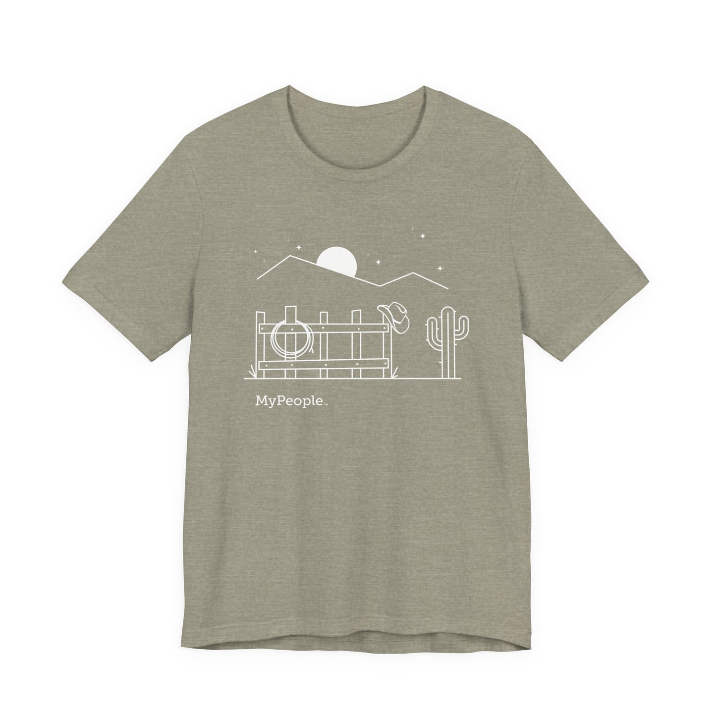 Line illustration of a fence with a cowboy hat, rope, and boots under a night sky, with the word MyPeople underneath on a unisex garment.