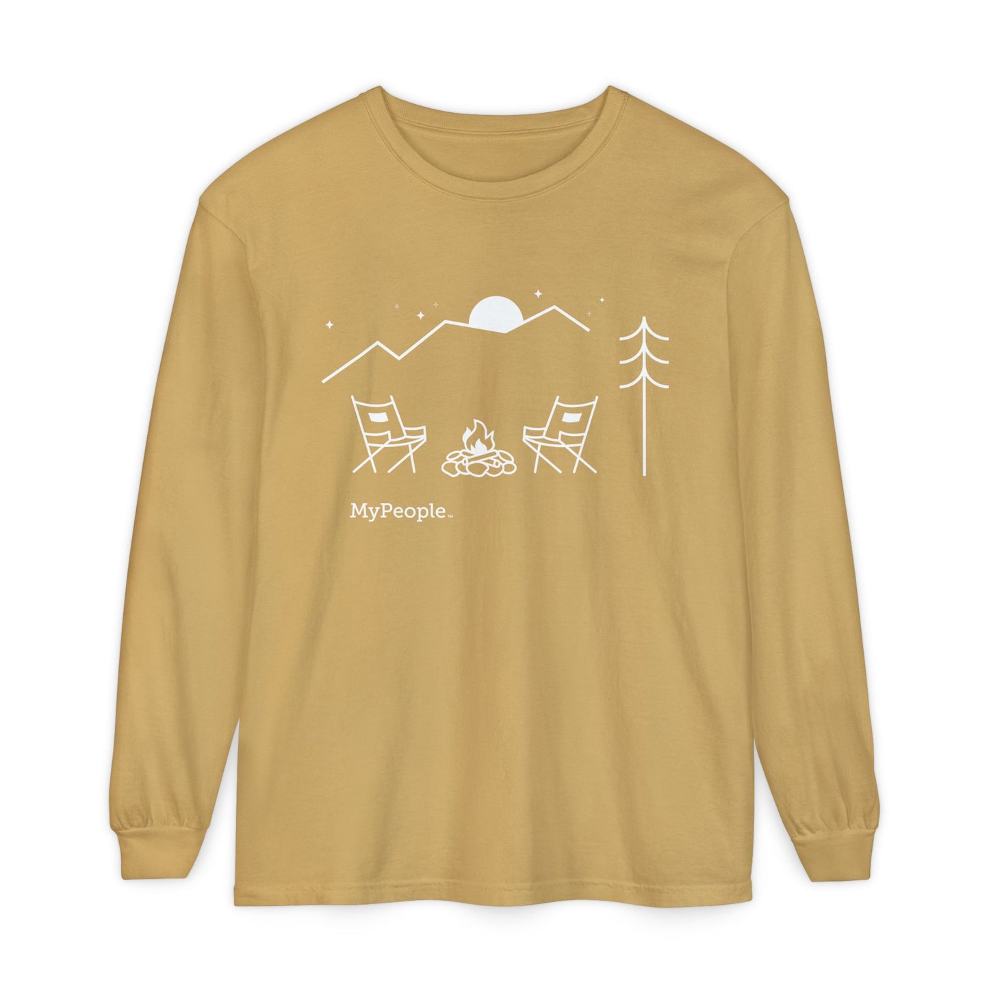 Line illustration of two chairs by a campfire under a tree with mountains and a night sky, with the word MyPeople underneath on a unisex garment.