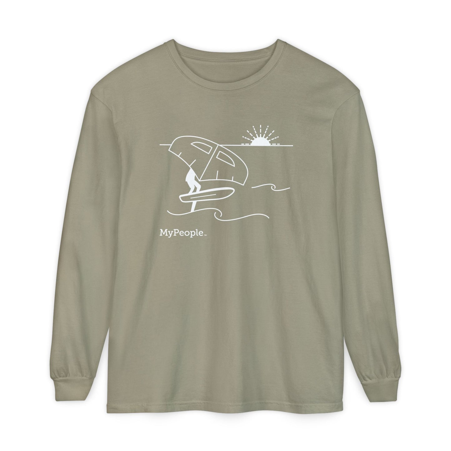 Line illustration of a person wing foiling on the water with a setting sun, with the word MyPeople underneath on a unisex garment.