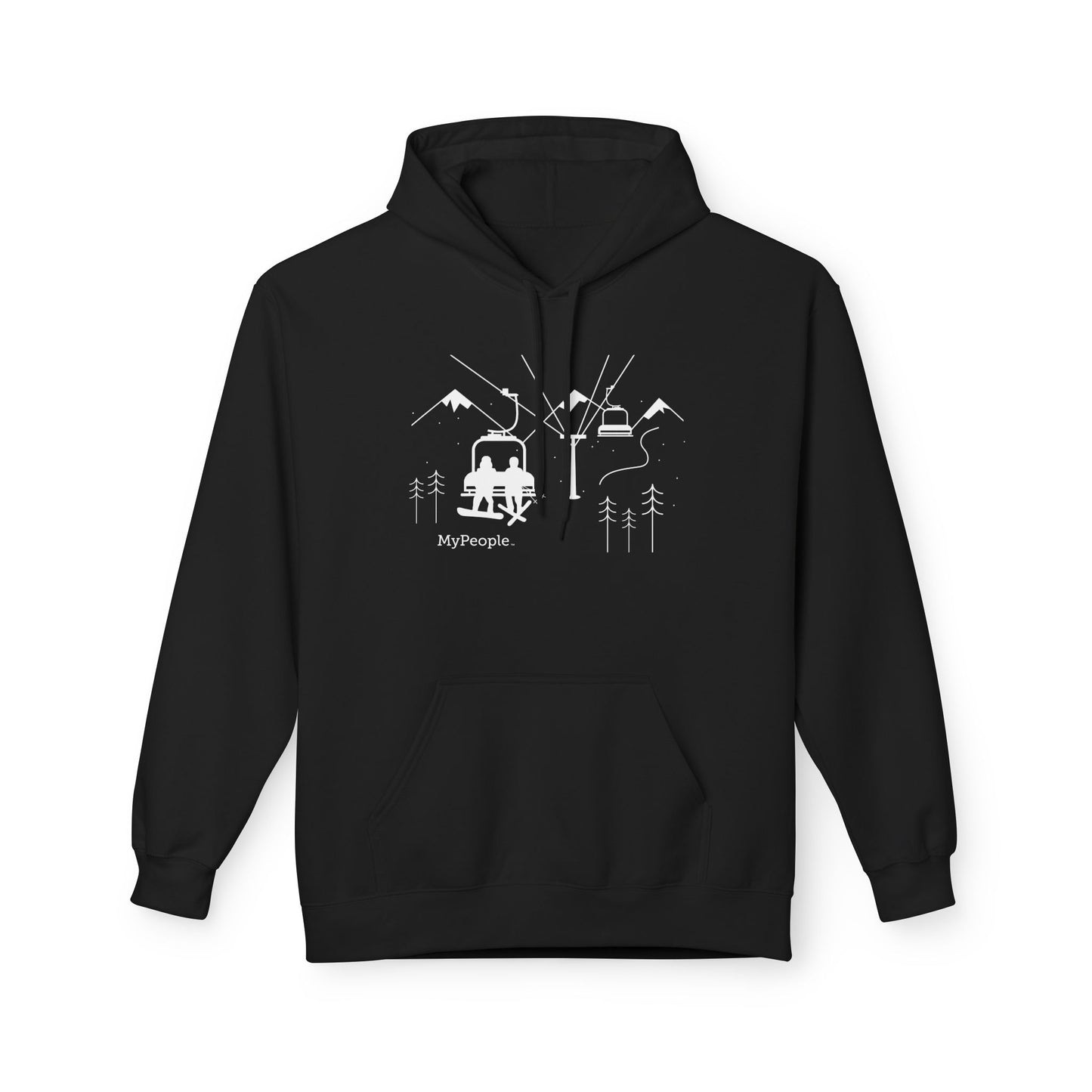 line illustration of a snowboarder and skier sitting side by side on a chairlift with snowy peaks and trees behind them, with the word MyPeople underneath on a unisex hoodie.