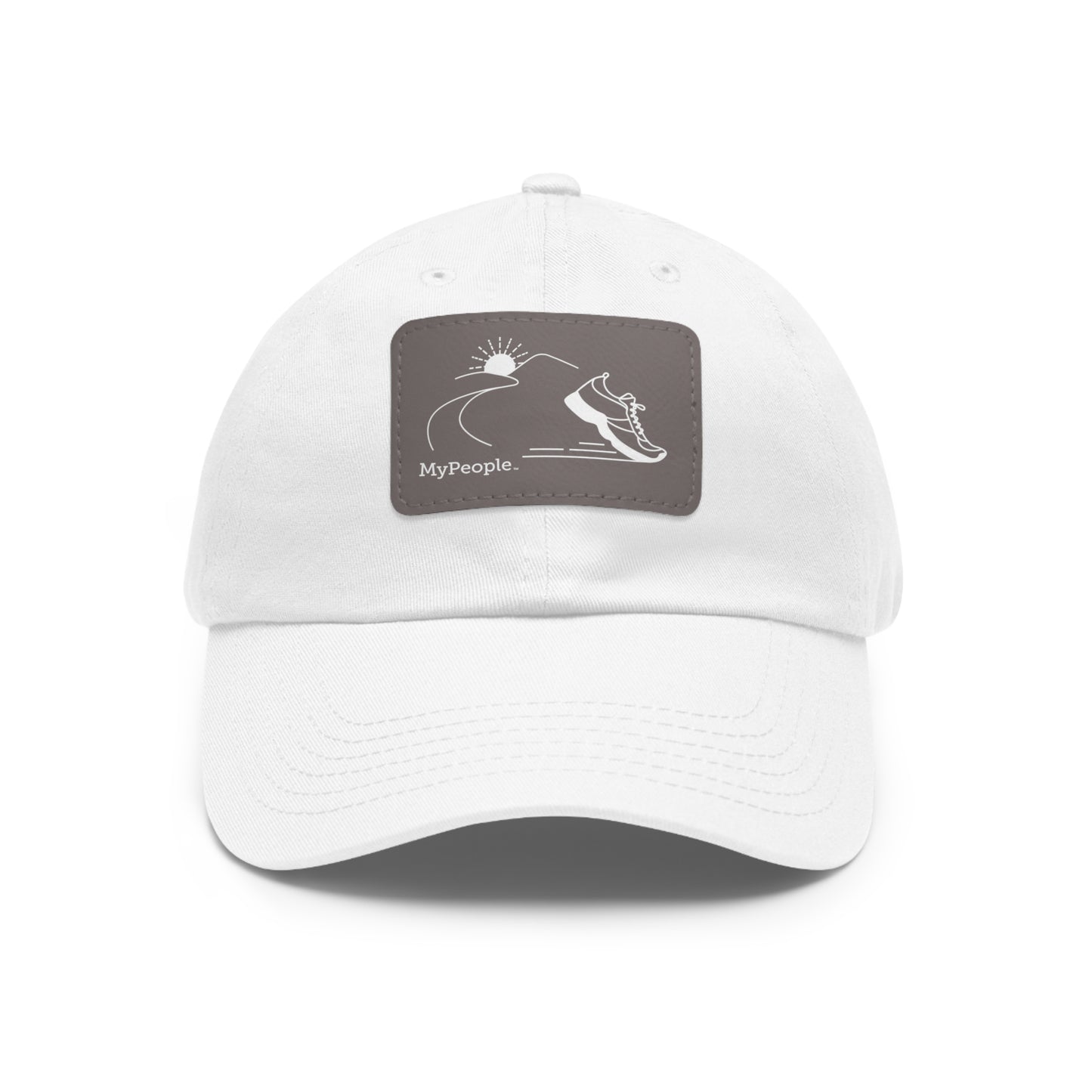 Hat with a leather patch printed with the MyPeople Running line illustration.

