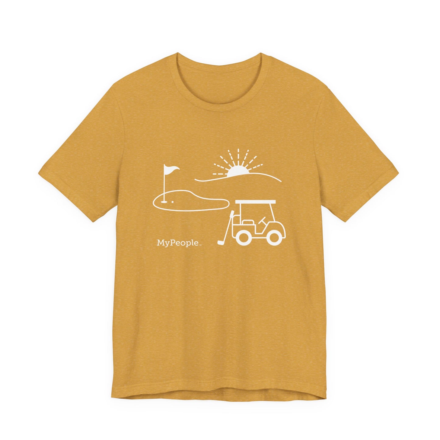 Line illustration of a golf cart, club, and green with a setting sun, with the word MyPeople underneath on a unisex garment.