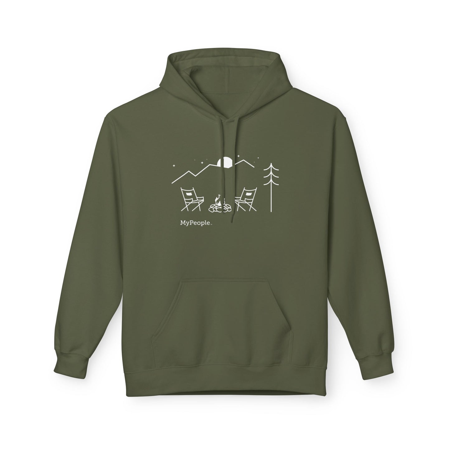 Line illustration of two chairs by a campfire under a tree with mountains and a night sky, with the word MyPeople underneath on a unisex garment.