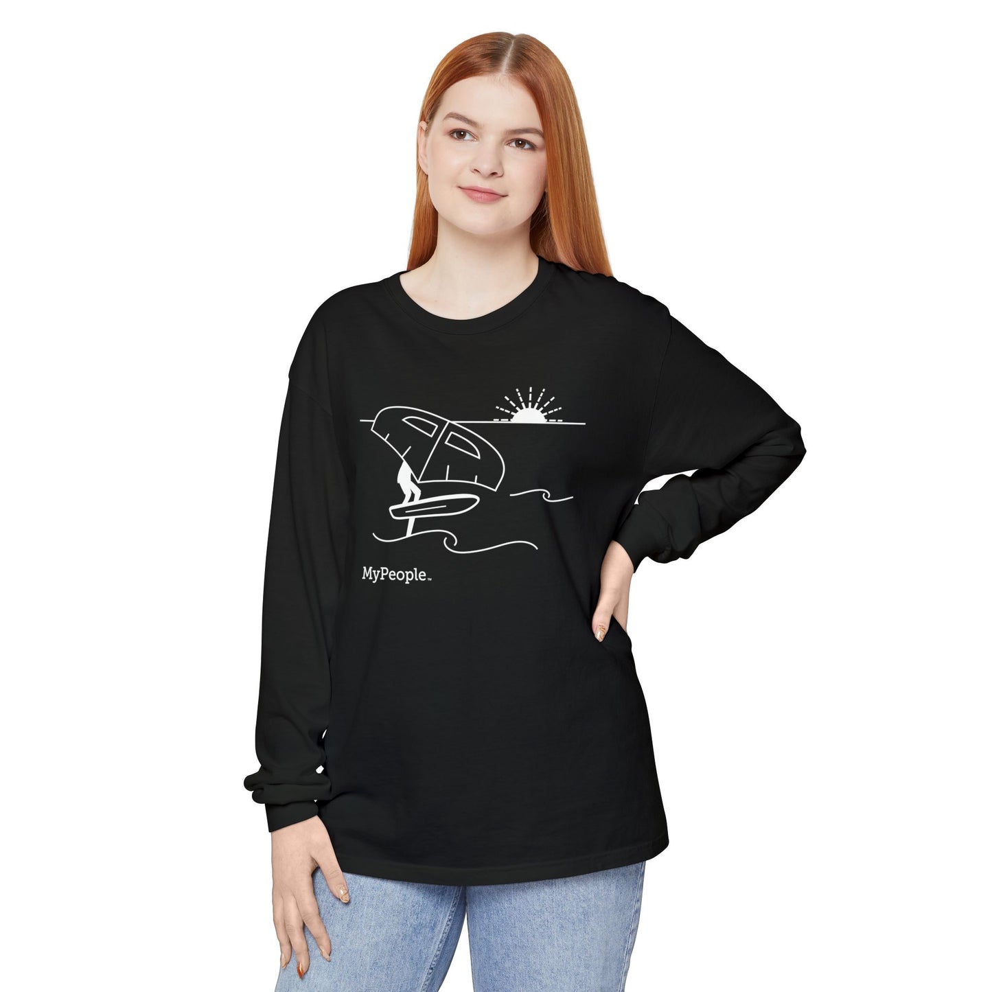 Person wearing a unisex long-sleeve shirt showing the front view with the MyPeople Wing Foiling line illustration.
