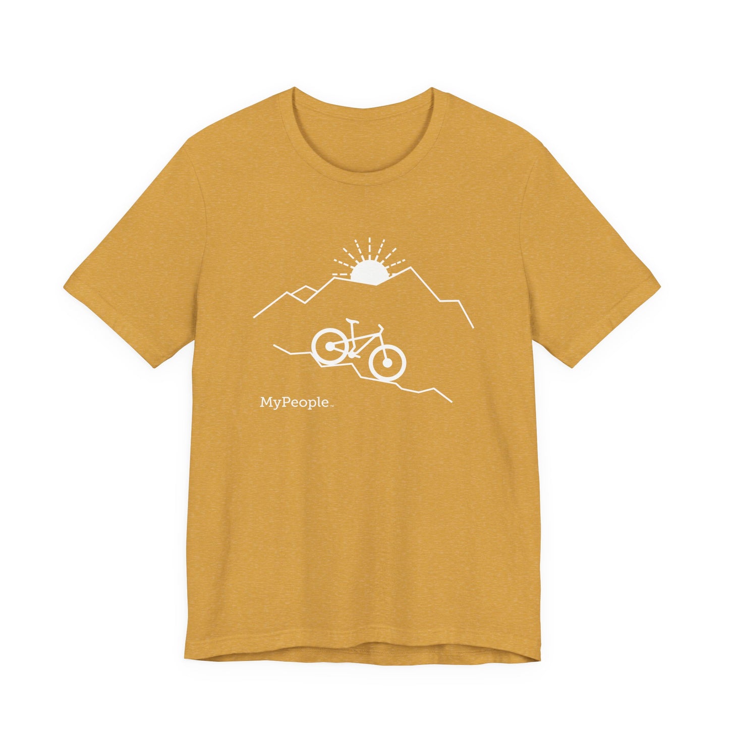 Line illustration of a mountain bike on a downhill slope with mountains and a setting sun, with the word MyPeople underneath on a unisex garment.