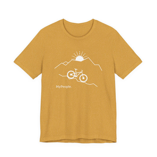 Line illustration of a mountain bike on a downhill slope with mountains and a setting sun, with the word MyPeople underneath on a unisex garment.