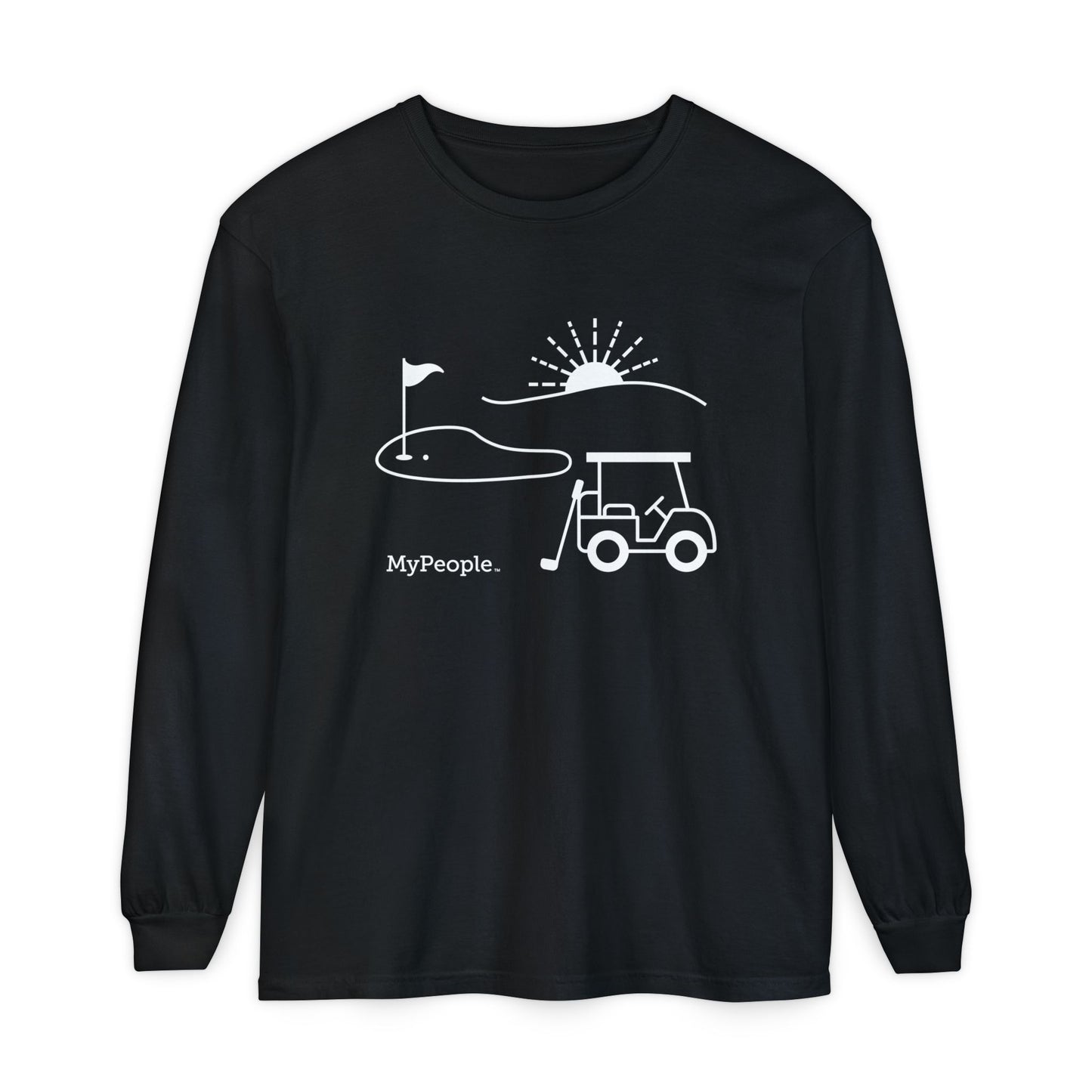 Line illustration of a golf cart with a club leaning against it, with a golf green, flag, and a setting sun behind it, with the word MyPeople underneath on a unisex long-sleeve shirt.