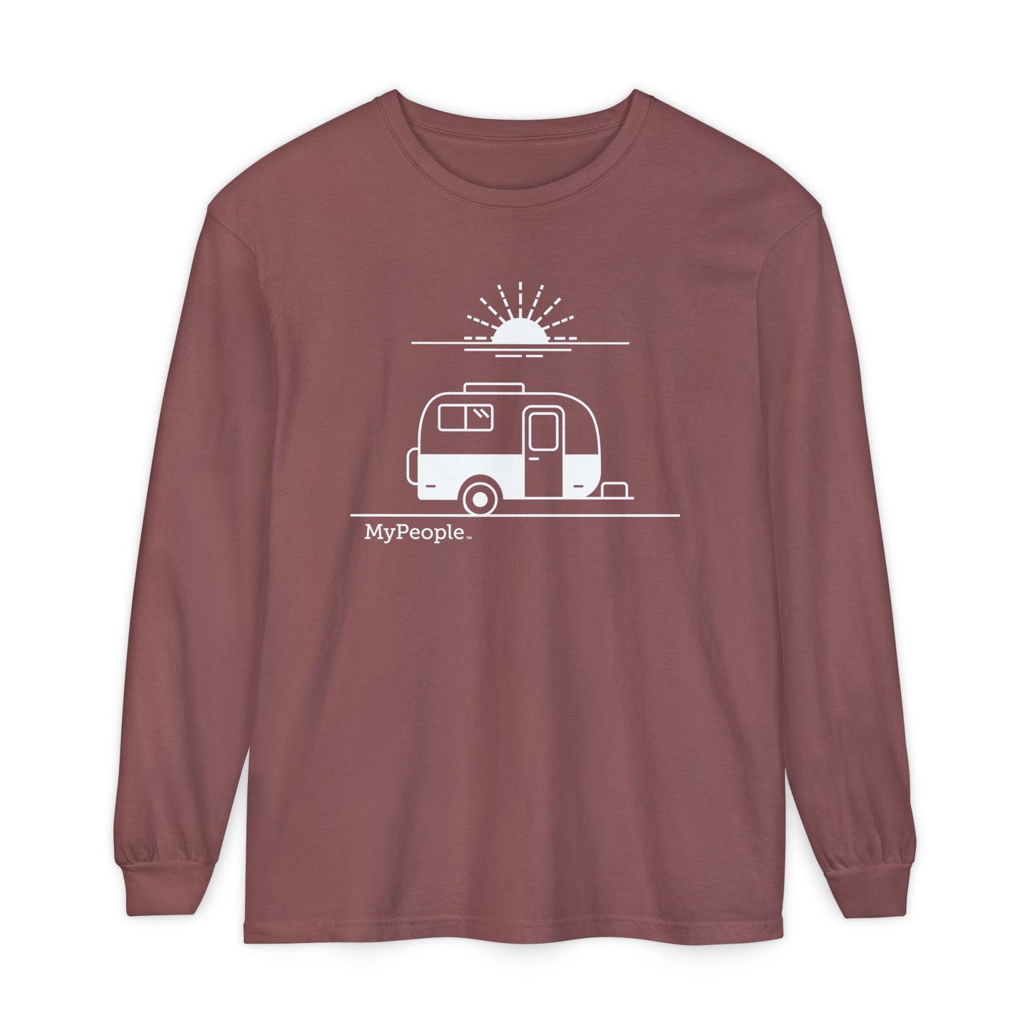 Line illustration of a vintage fiberglass trailer with a setting sun, with the word MyPeople underneath on a unisex garment.