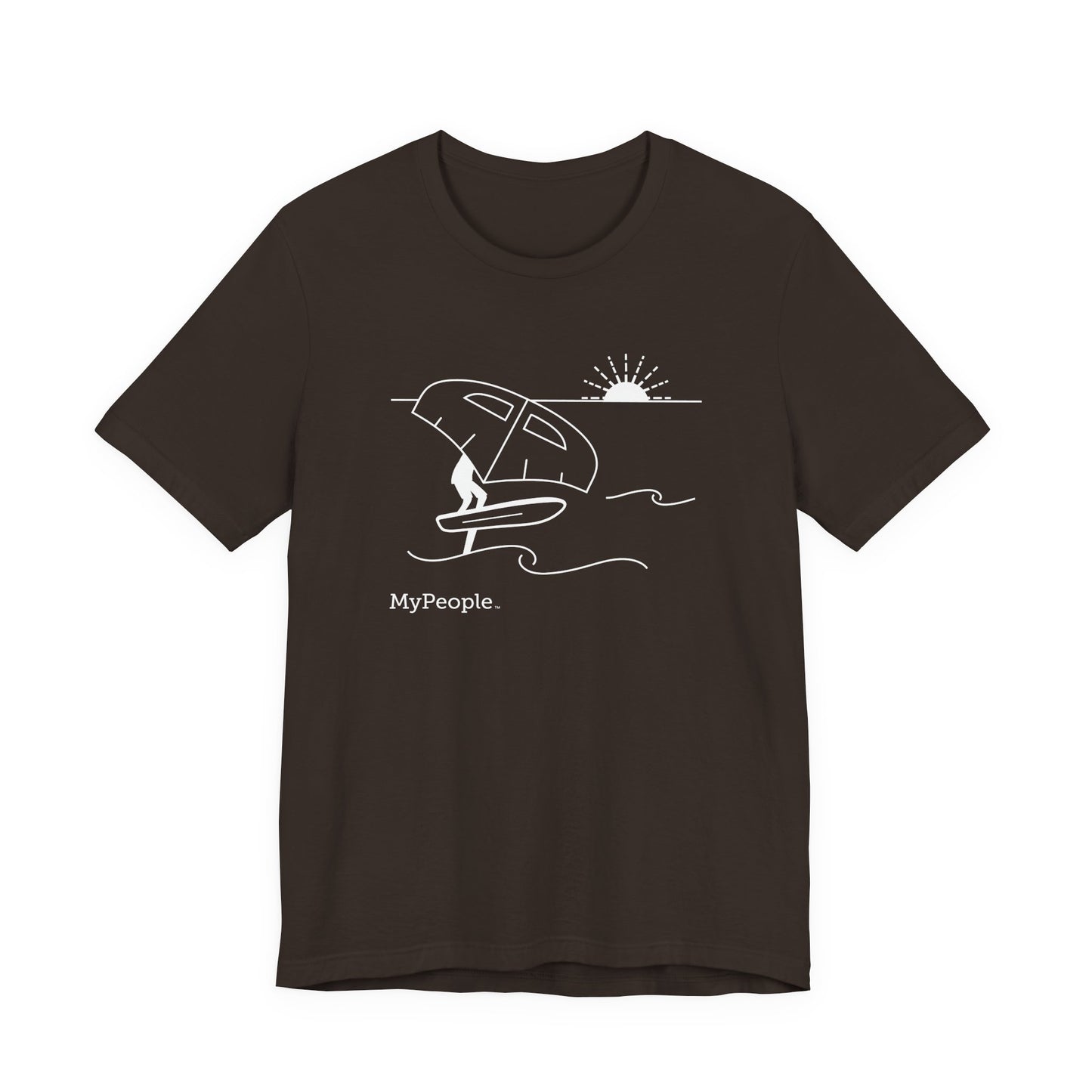 line illustration of a person wing foiling on the water with a setting sun behind them, with the word MyPeople underneath on a unisex t-shirt.