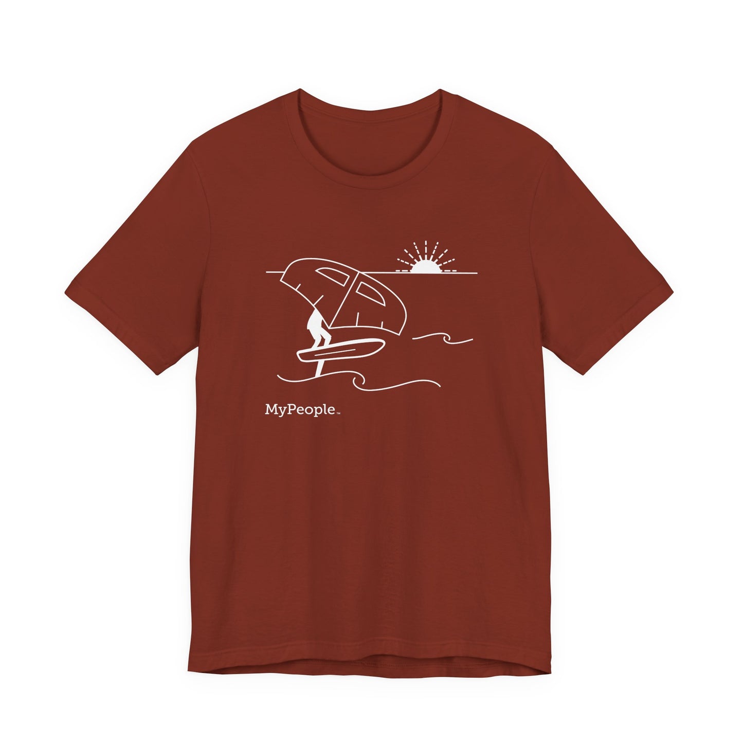 Line illustration of a person wing foiling on the water with a setting sun, with the word MyPeople underneath on a unisex garment.