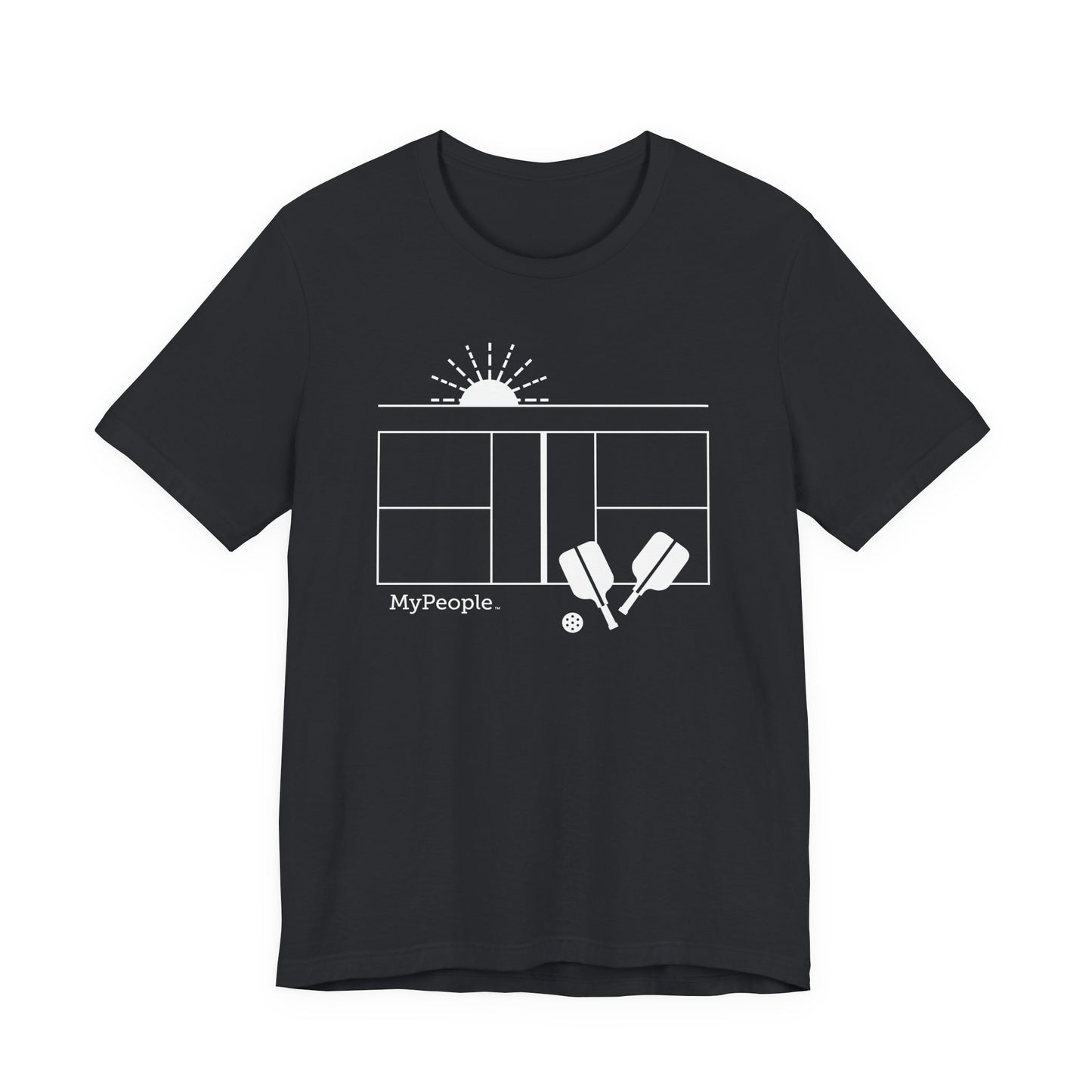 Line illustration of a pickleball court with paddles, a ball, and a setting sun, with the word MyPeople underneath on a unisex garment.