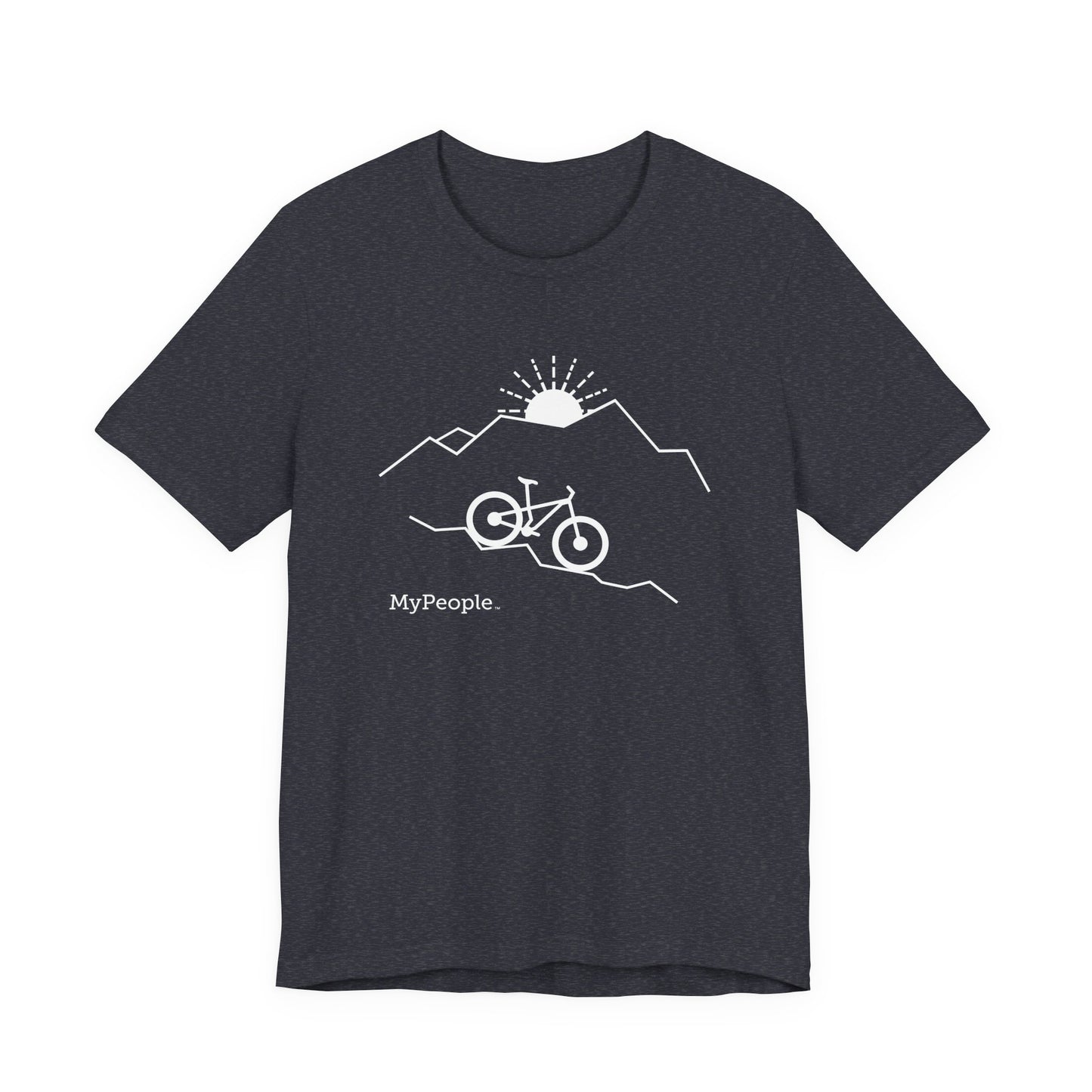 Line illustration of a mountain bike on a downhill slope with mountains and a setting sun, with the word MyPeople underneath on a unisex garment.
