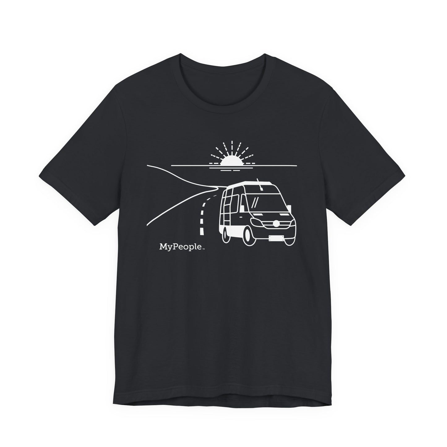 Line illustration of a camper van on a highway with a setting sun, with the word MyPeople underneath on a unisex garment.
