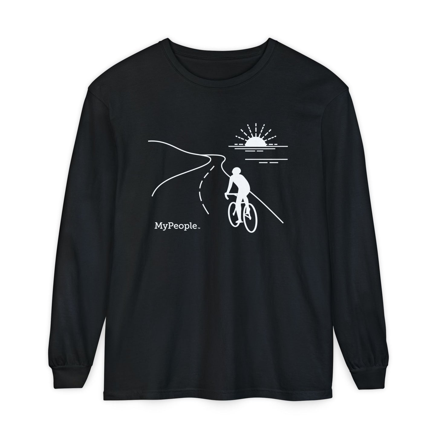Line illustration of a road cyclist riding along a highway with the sun setting over the ocean, with the word MyPeople underneath on a unisex long-sleeve shirt.