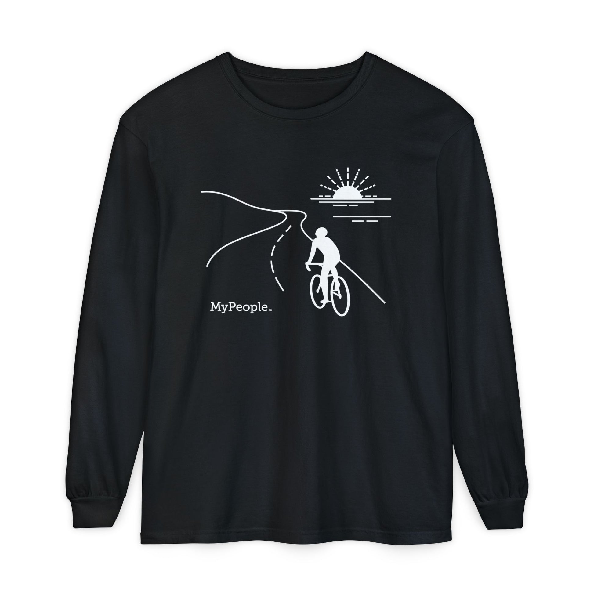 Line illustration of a road cyclist riding along a highway with the sun setting over the ocean, with the word MyPeople underneath on a unisex long-sleeve shirt.