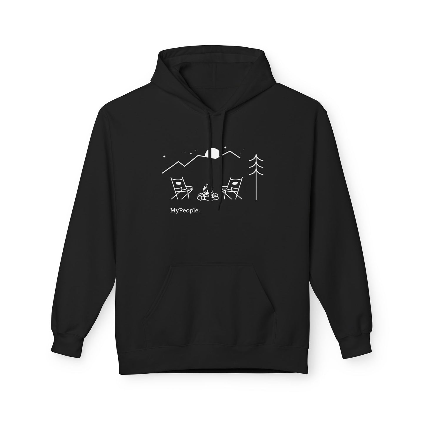 Line illustration of two chairs by a campfire under a tree, with mountains, stars, and a moon in the night sky, with the word MyPeople underneath on a unisex hoodie.