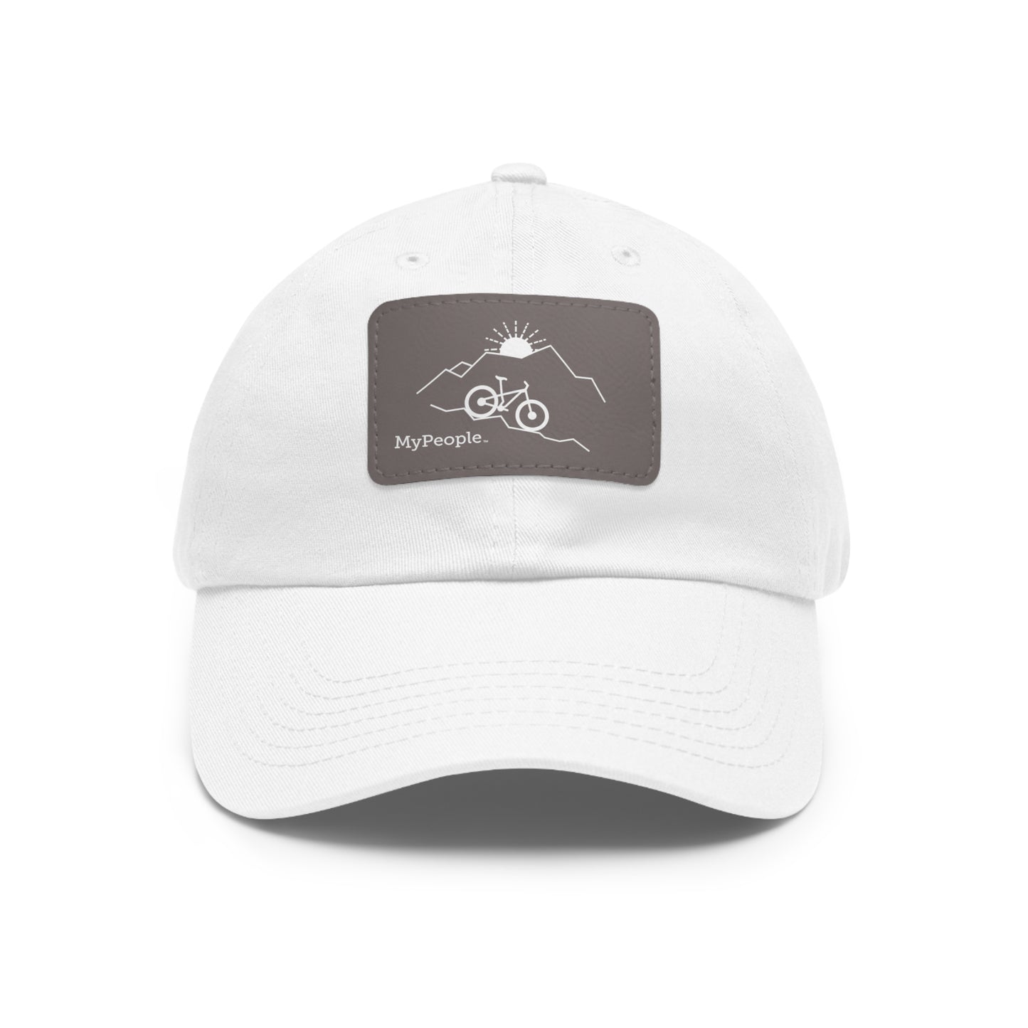 Hat with a leather patch printed with the MyPeople Mountain Biking line illustration.
