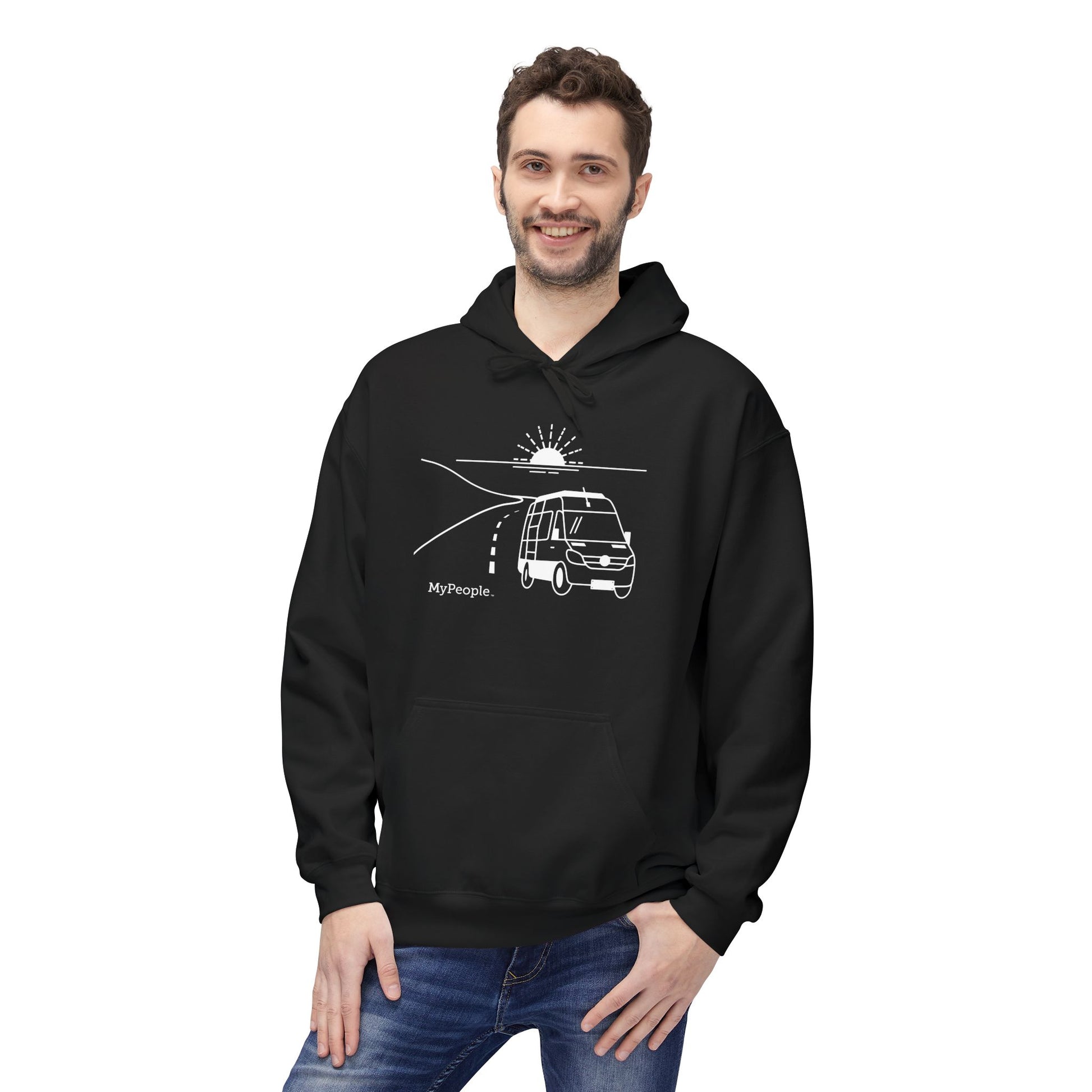 Person wearing a unisex hoodie showing the front view with the MyPeople Van Life line illustration.
