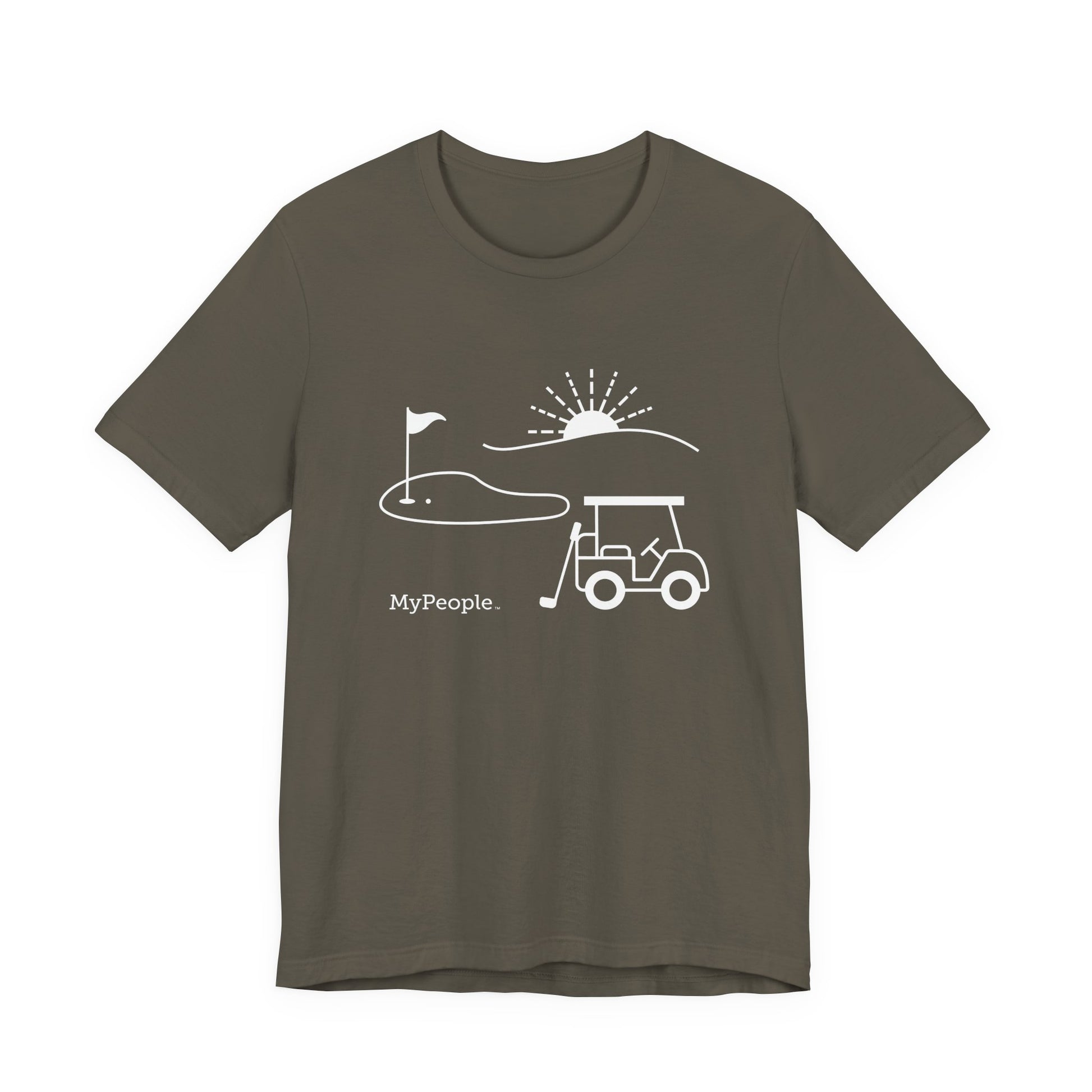 Line illustration of a golf cart, club, and green with a setting sun, with the word MyPeople underneath on a unisex garment.