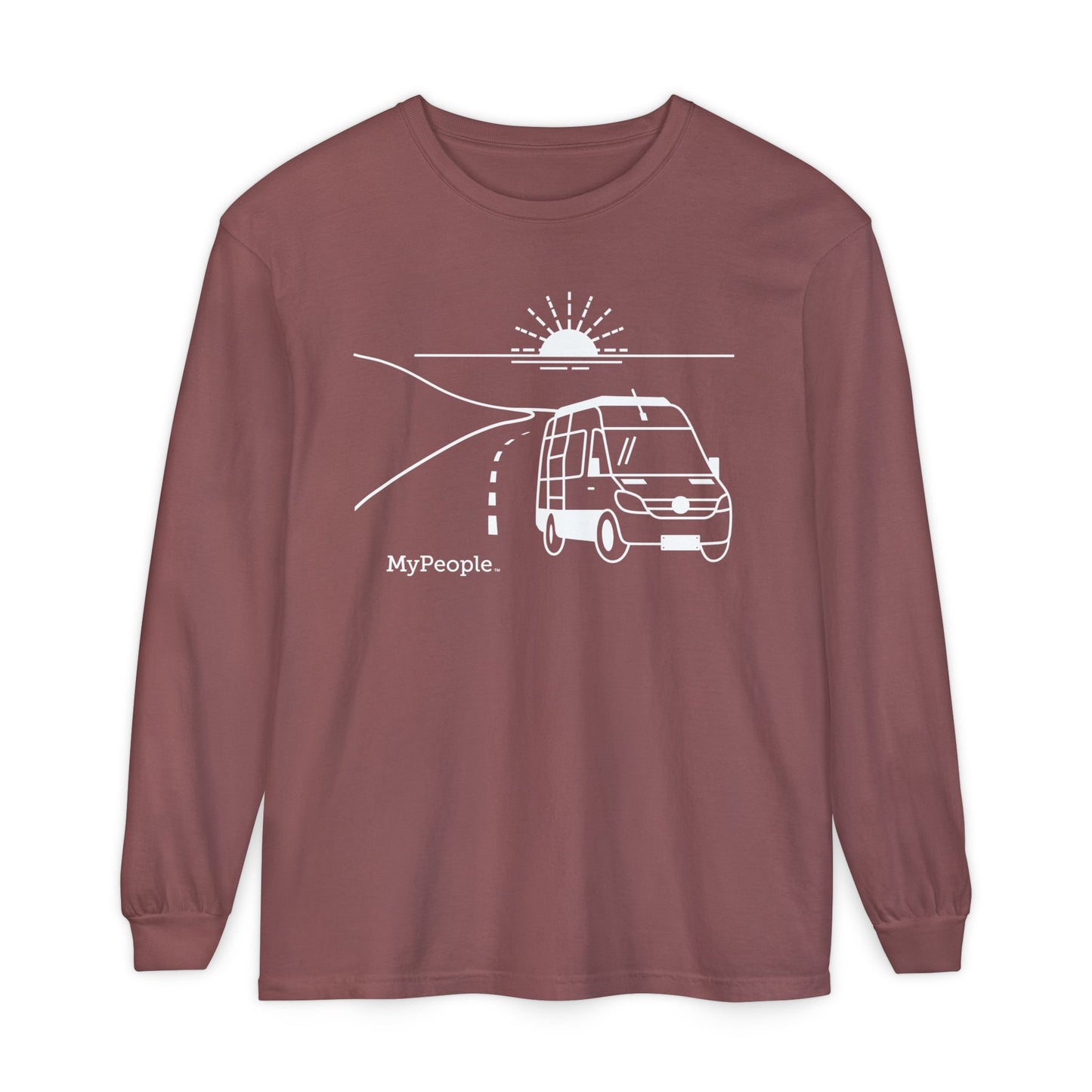 Line illustration of a camper van on a highway with a setting sun, with the word MyPeople underneath on a unisex garment.