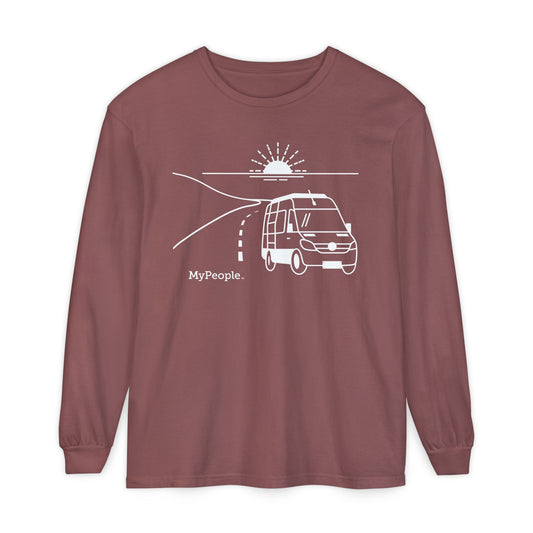 Line illustration of a camper van on a highway with a setting sun, with the word MyPeople underneath on a unisex garment.