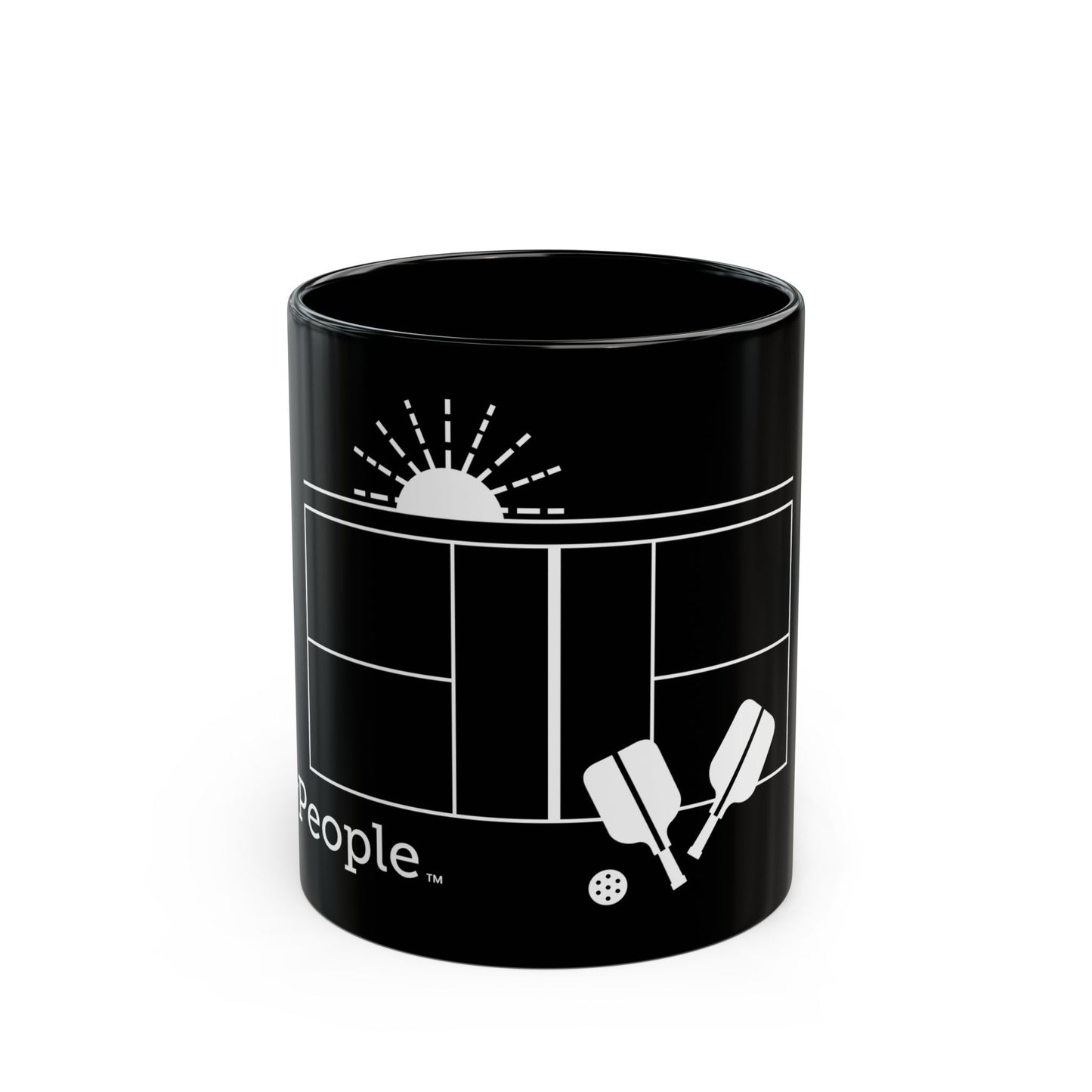 Line illustration of a pickleball court with paddles, a ball, and a setting sun, with the word MyPeople underneath printed on a ceramic mug.
