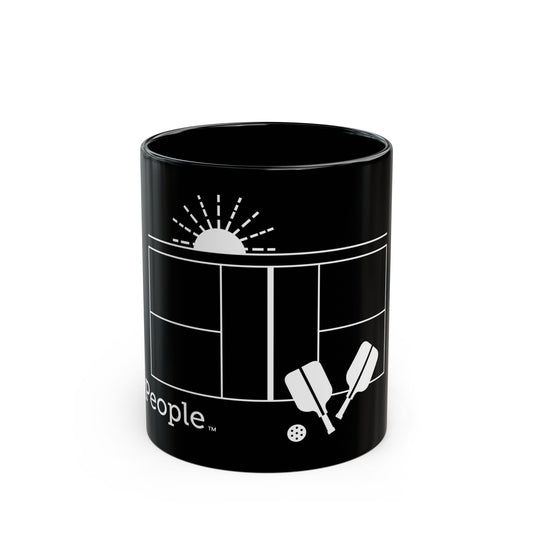 Line illustration of a pickleball court with paddles, a ball, and a setting sun, with the word MyPeople underneath printed on a ceramic mug.