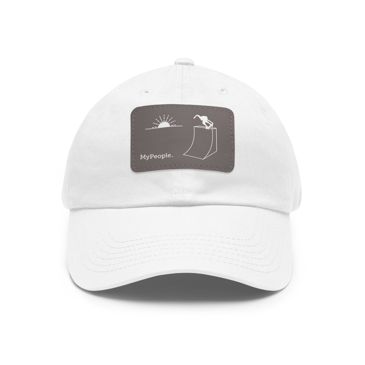 Hat with a leather patch printed with the MyPeople Skating line illustration.
