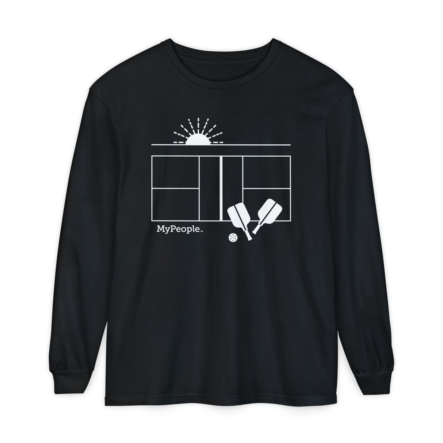 Line illustration of a pickleball court with paddles, a ball, and a setting sun, with the word MyPeople underneath on a unisex long-sleeve shirt.