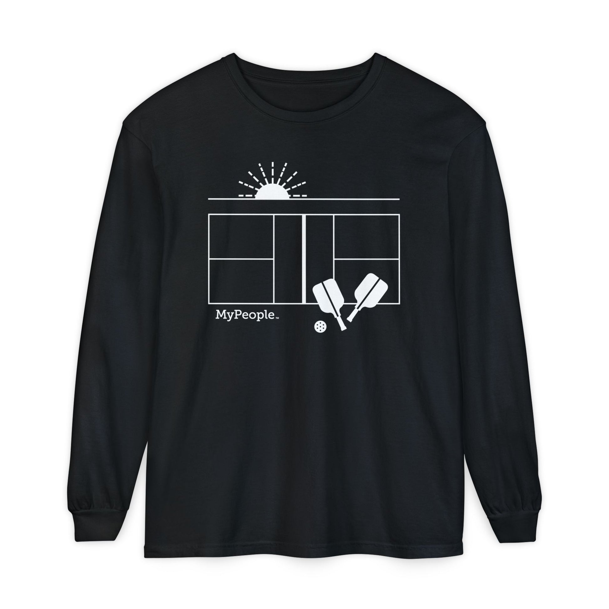 Line illustration of a pickleball court with paddles, a ball, and a setting sun, with the word MyPeople underneath on a unisex long-sleeve shirt.