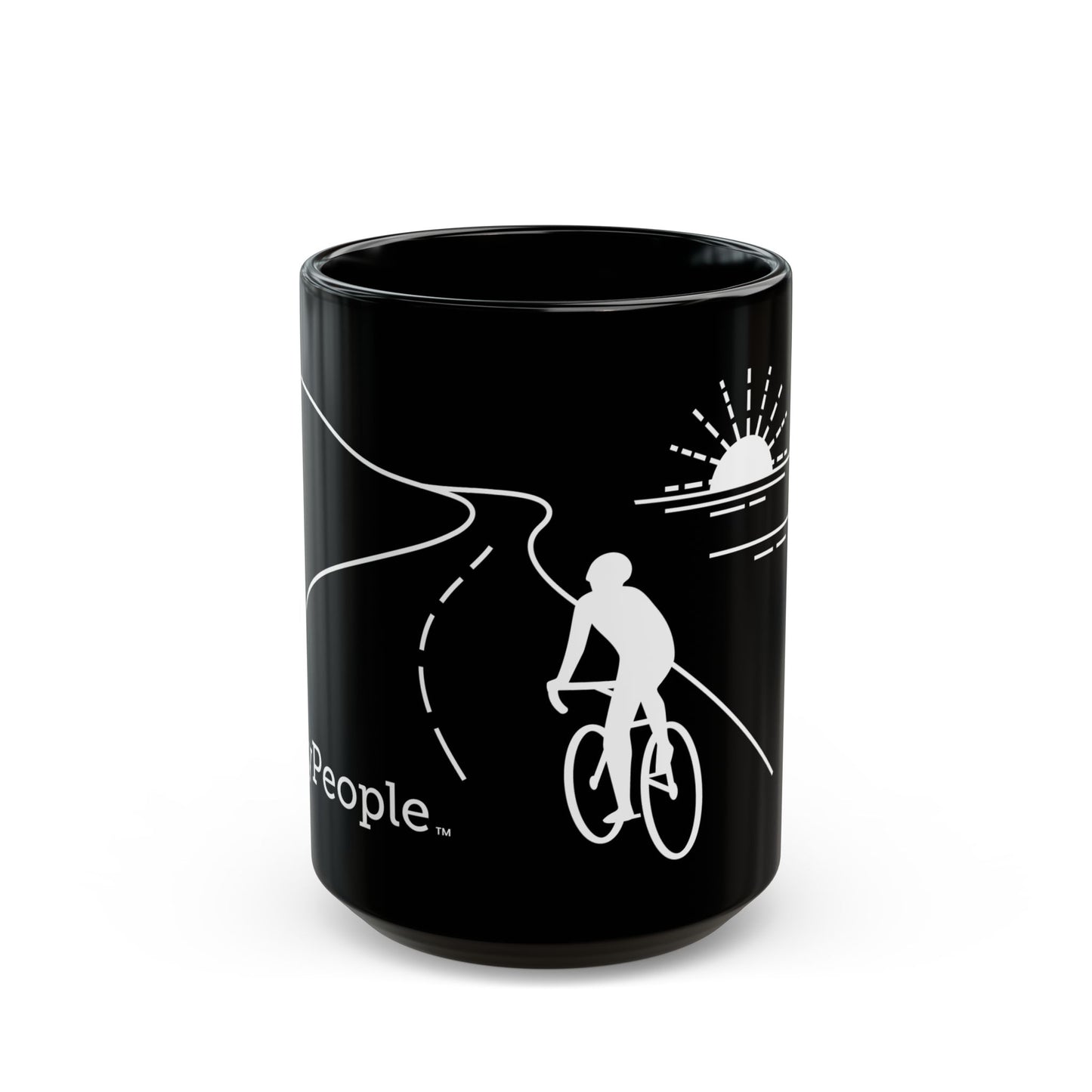 Line illustration of a road cyclist riding along a highway with the sun setting over the ocean, with the word MyPeople underneath printed on a ceramic mug.