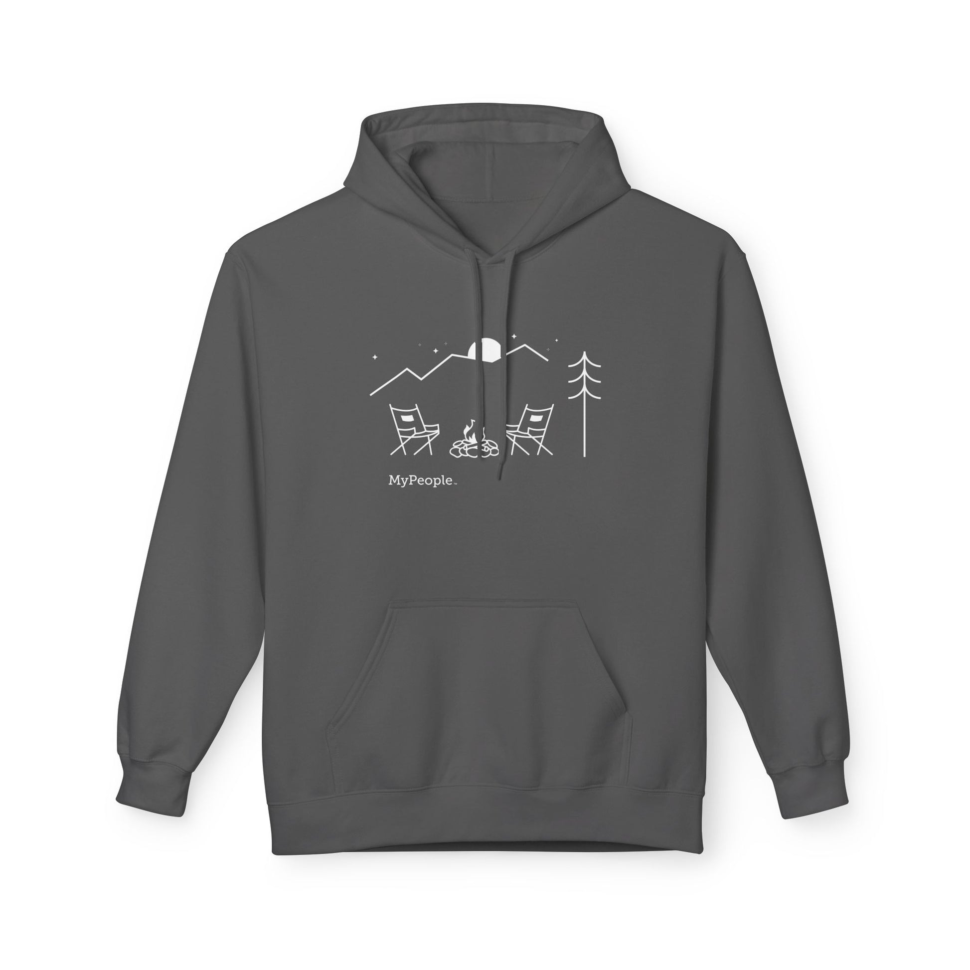 Line illustration of a tent beneath a tree with mountains, stars, and a moon, with the word MyPeople underneath on a unisex garment.
