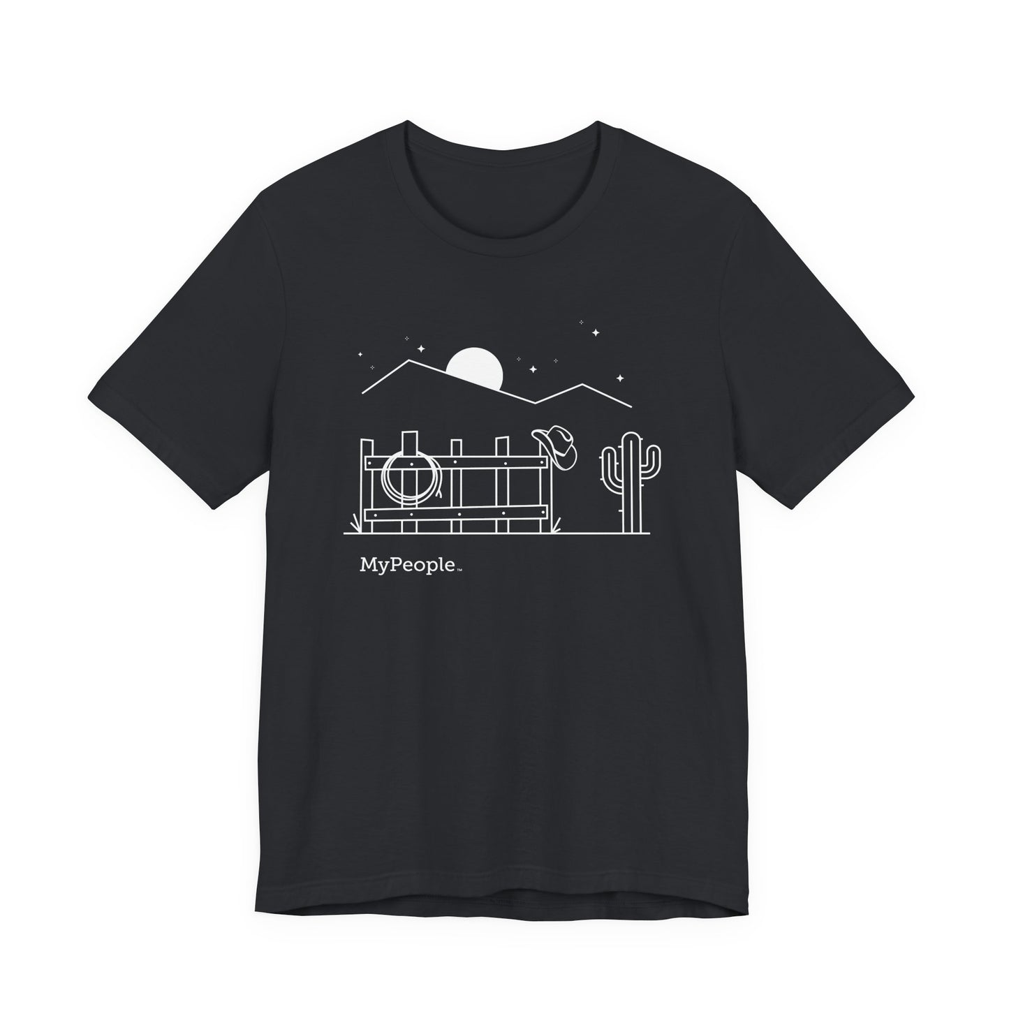 Line illustration of a fence with a cowboy hat, rope, and boots under a night sky, with the word MyPeople underneath on a unisex garment.