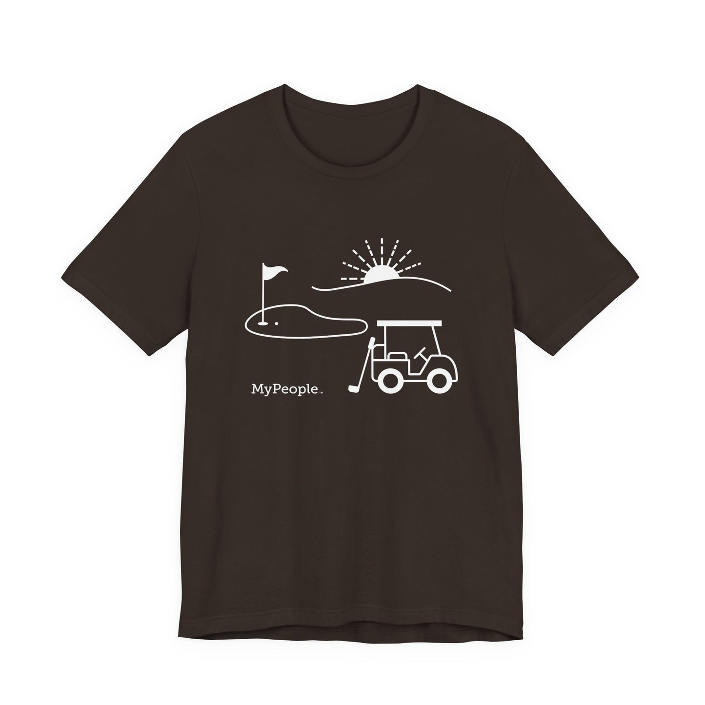 Line illustration of a golf cart, club, and green with a setting sun, with the word MyPeople underneath on a unisex garment.